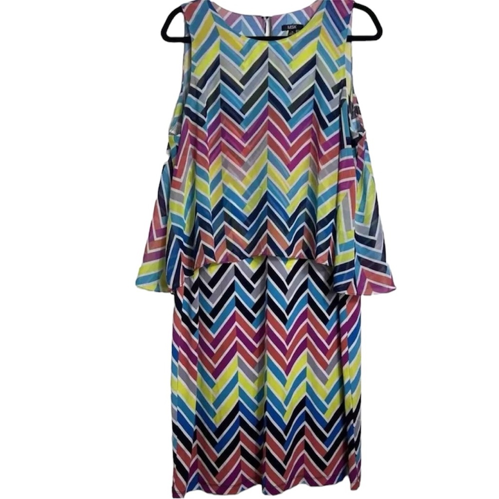 MSK Sleeveless Tiered Midi Dress Colorful Chevron Size 16